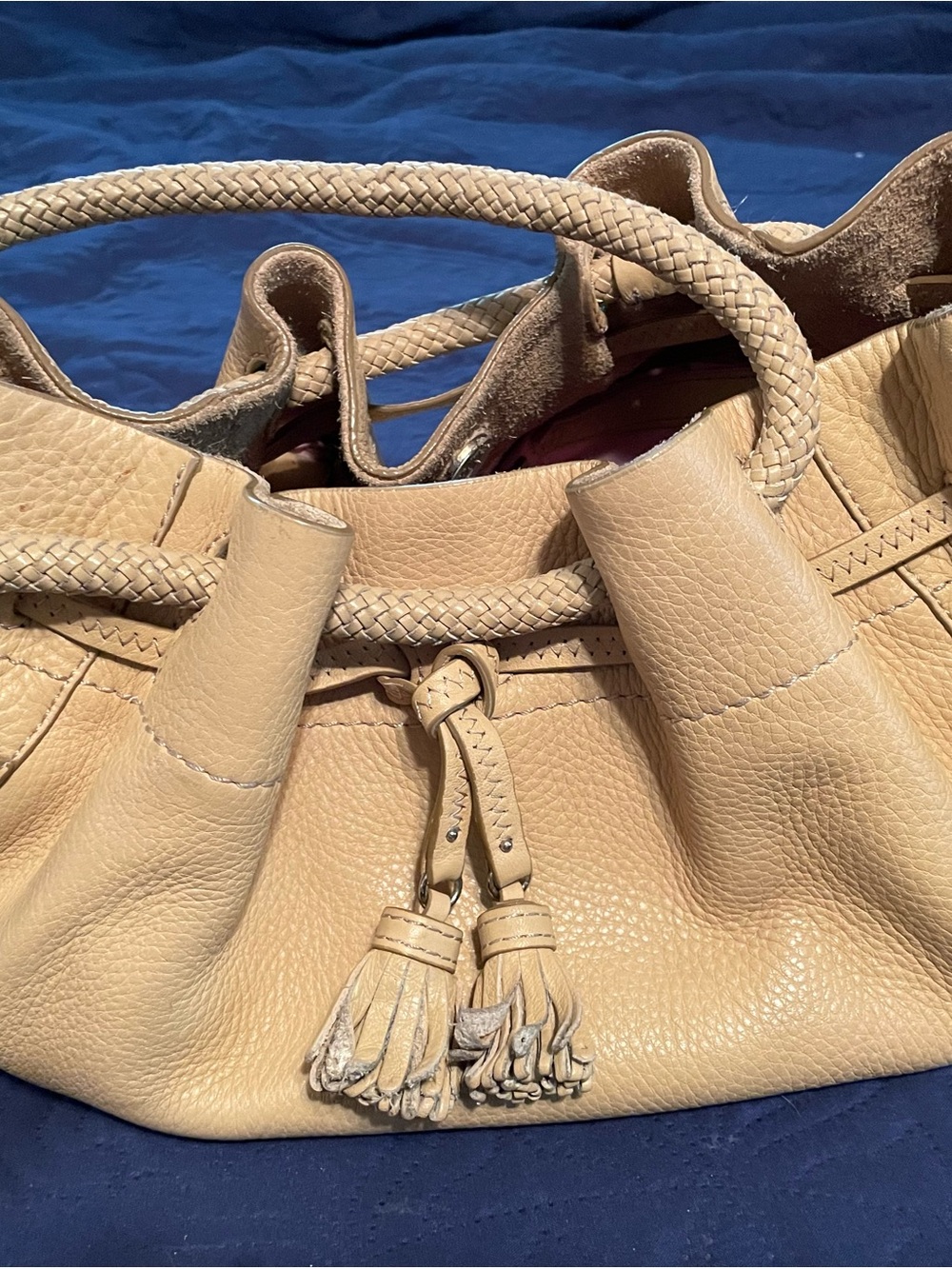 Cole Haan Tan Leather Drawstring Shoulder Bag with Tassels